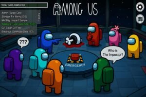 Among Us multiplayer game showing crewmates completing tasks while searching for the impostor