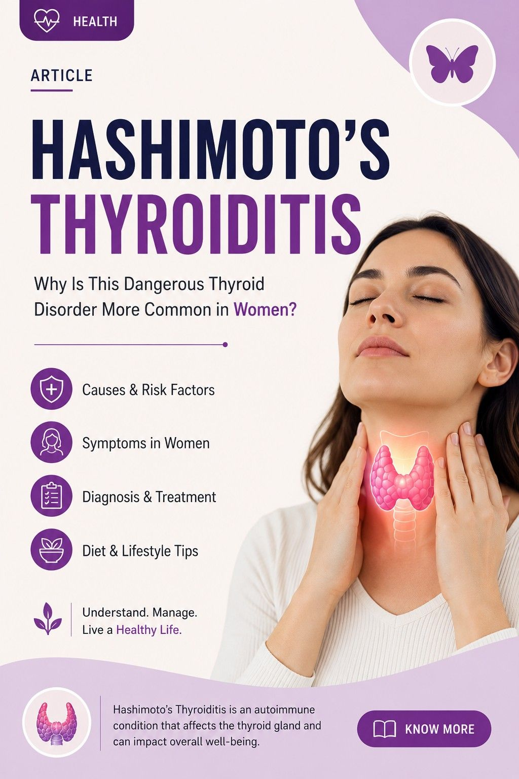 Hashimoto's Thyroiditis in women showing thyroid inflammation, symptoms, causes, and treatment overview.